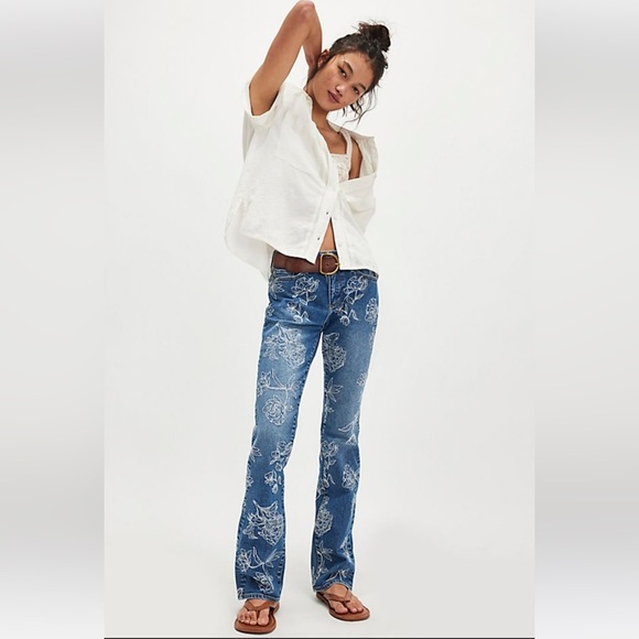 $178 FREE PEOPLE x DRIFTWOOD JEANS Etched Kelly Bootcut Sz 33 - Picture 1 of 10